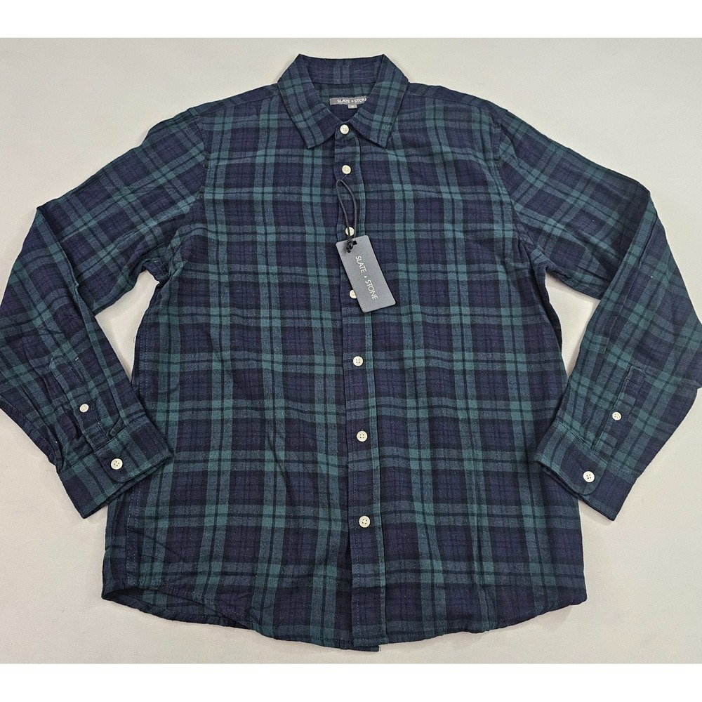 Slate & Stone shirt men M Medium green blue flannel check cotton long sleeve
